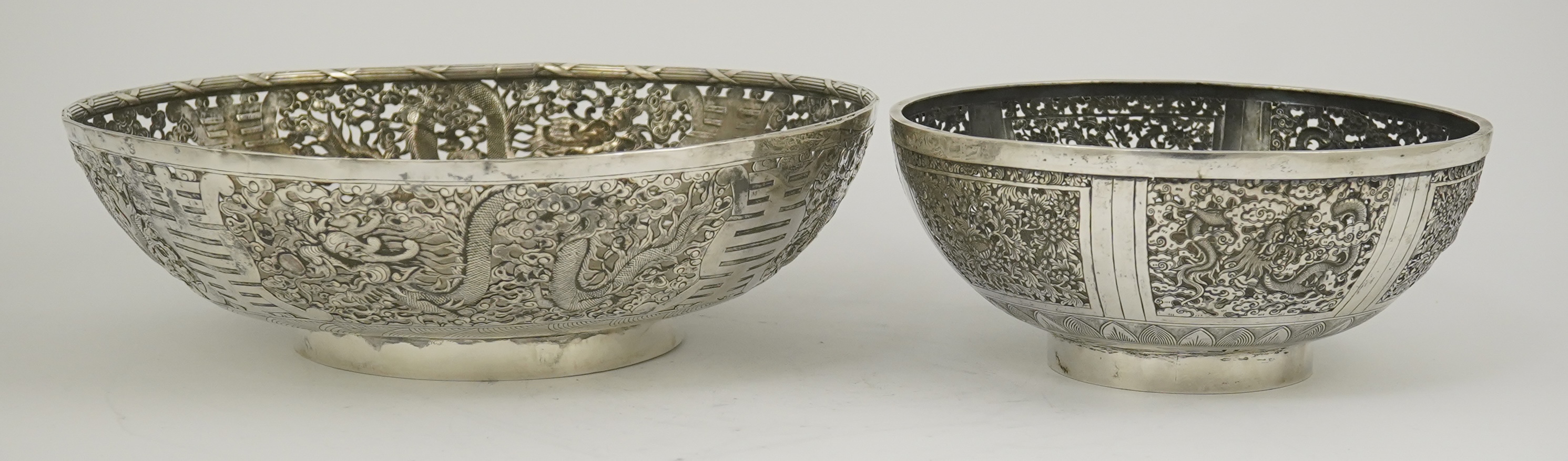 Two early 20th century Chinese Export pierced silver circular bowls